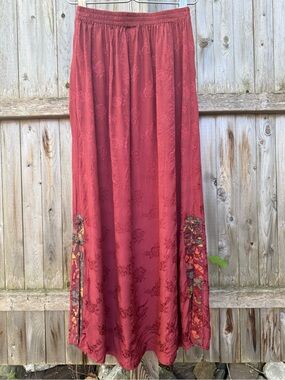 Vintage Bohemian Y2K Satin Red Maxi Skirt with Side Slit Details & Frog Closure